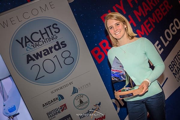 Photo of Fiona with her trophy for Amateur Sailor of year 2018